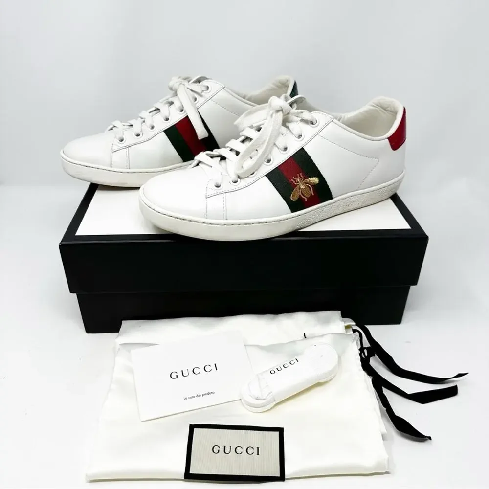 Gucci Ace Bee Web Stripe Leather Sneakers Womens Size EU 37.5